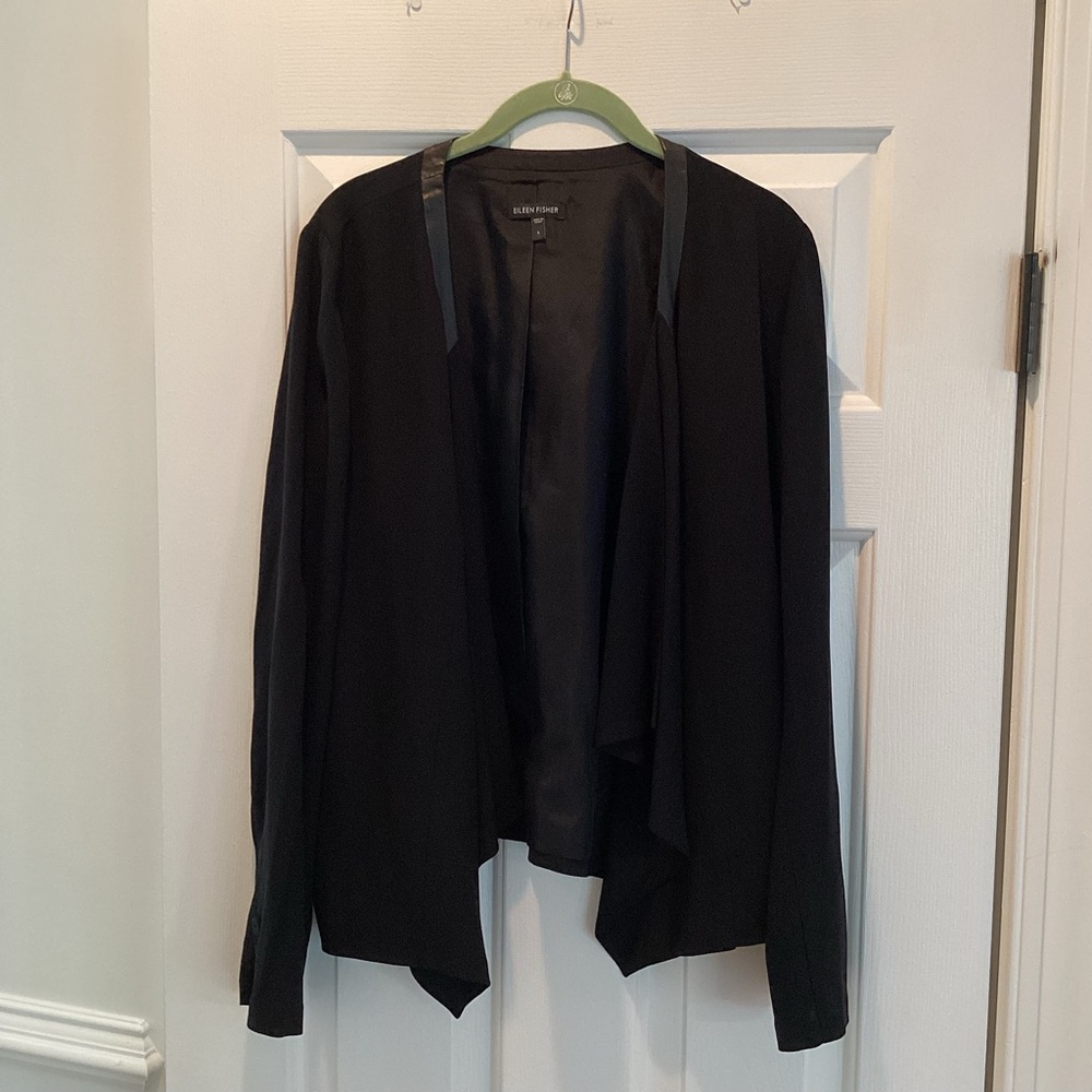 Eileen Fisher 100% Silk Georgette Blazer with Leather Trim, L